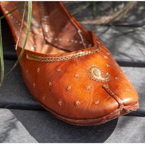 Handmade Indian Gold Embroidered Boho Leather Flats